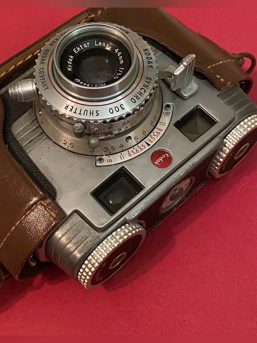 Vintage Kodak Signet 35 Camera with Brown Leather Case and Silver Metal Body